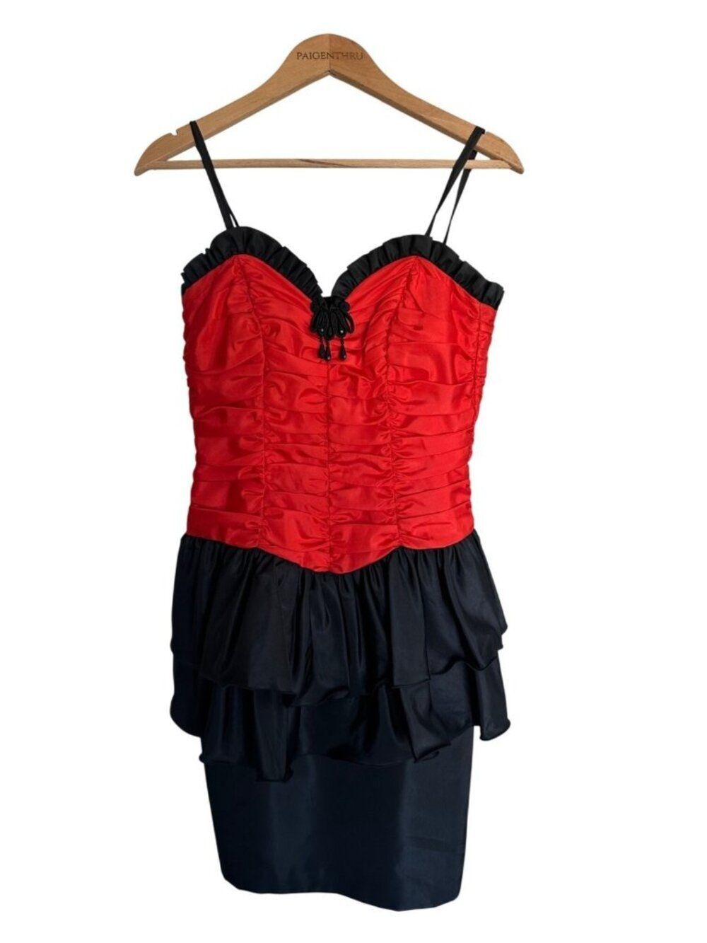 VTG Vera Mont France 42 Red Black Ruched Cocktail Party Dress Pin Up